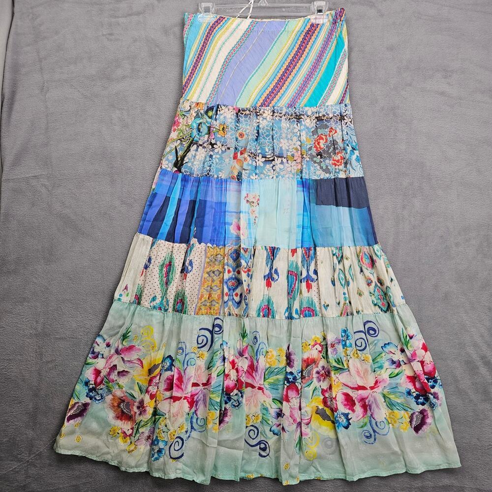 Johnny Was Sundance Mercardo Silk Patchwork Tiered Festival Boho Maxi Skirt  XS